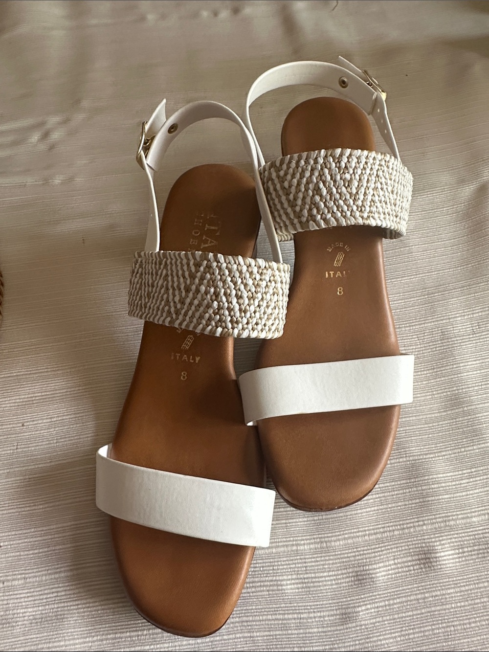 Italian Shoemakers White and Brown Low Block Heel Sandals